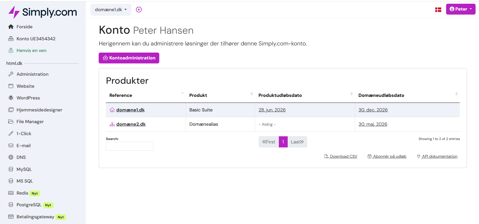 kontrolpanel hos Simply.com